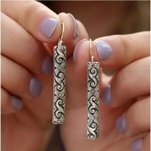 Half Barrel Embossed Silver Bar Earrings French Wire Etched